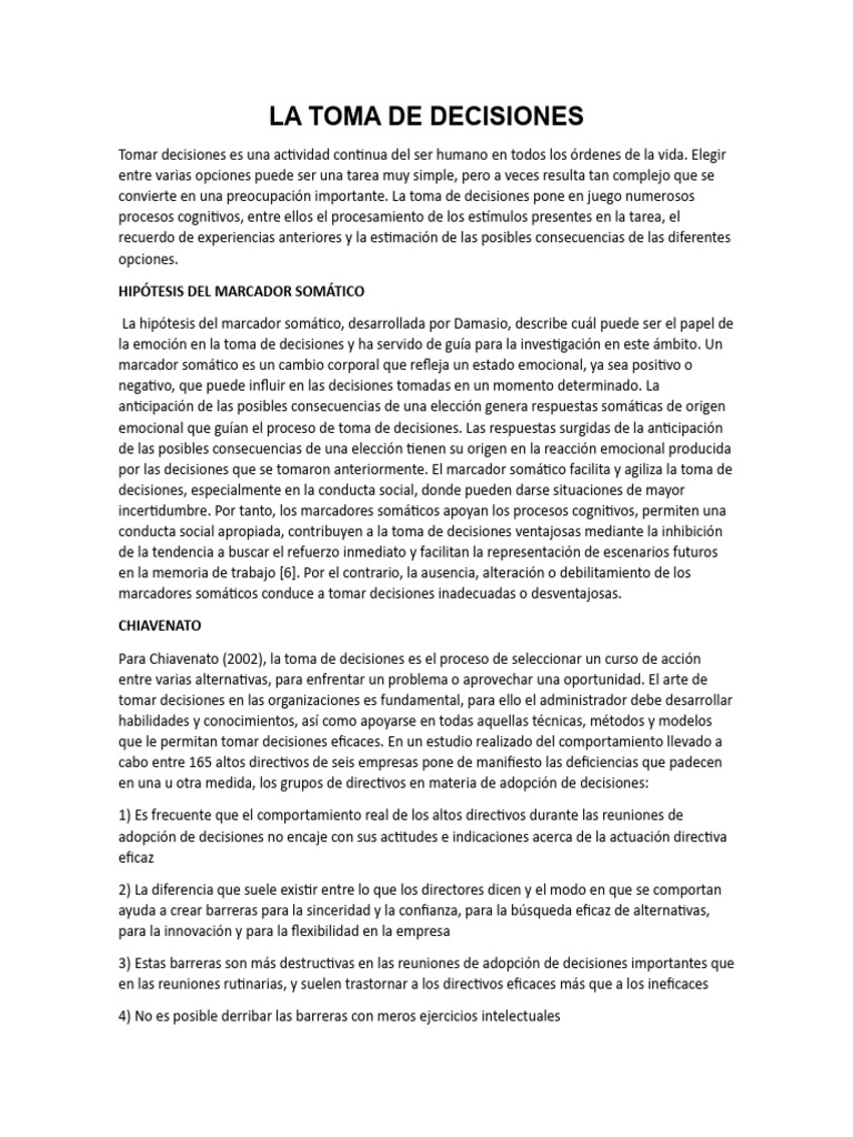 Toma de Decisiones y Su Naturaleza | PDF | Las emociones | Toma de ...