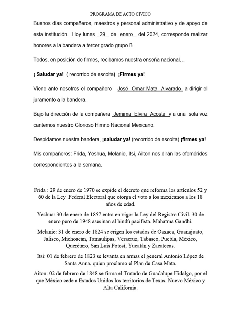 Programa de Acto Cívico Escolar | PDF