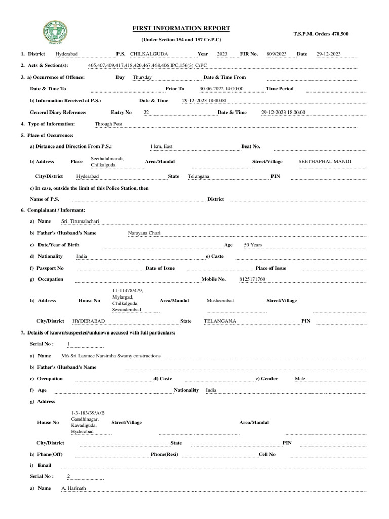 FIR for Fraud in Chilkalguda, Hyderabad | PDF | Deed | Payments