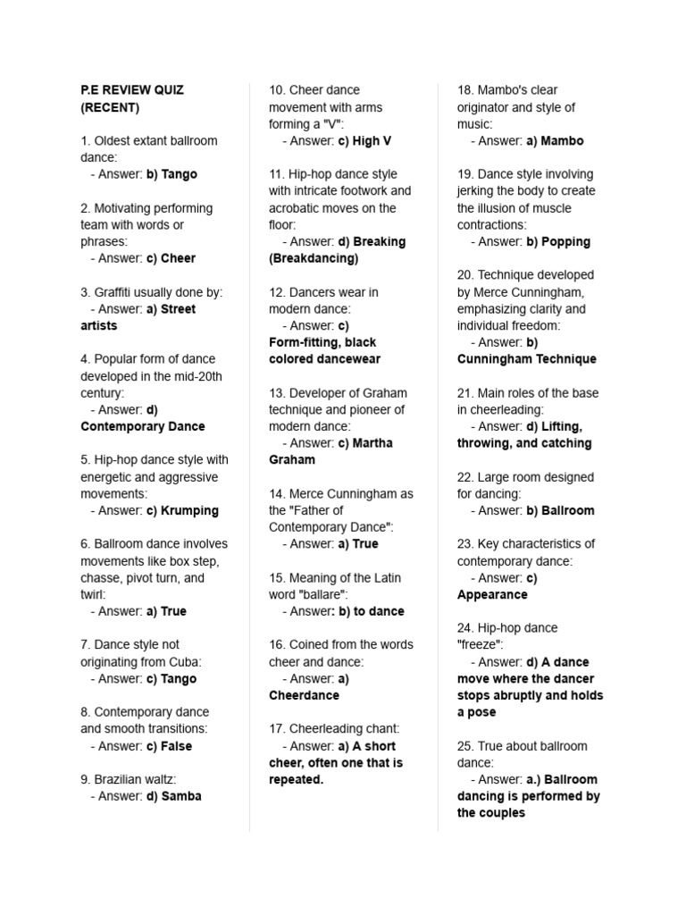 P.E Reviewer Quiz by Ma'Am Jacky | PDF | Dances | Ballroom Dance