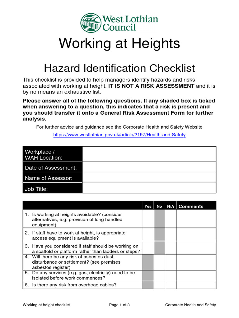 Hazard Identification Checklist Working at Height PDF Risk