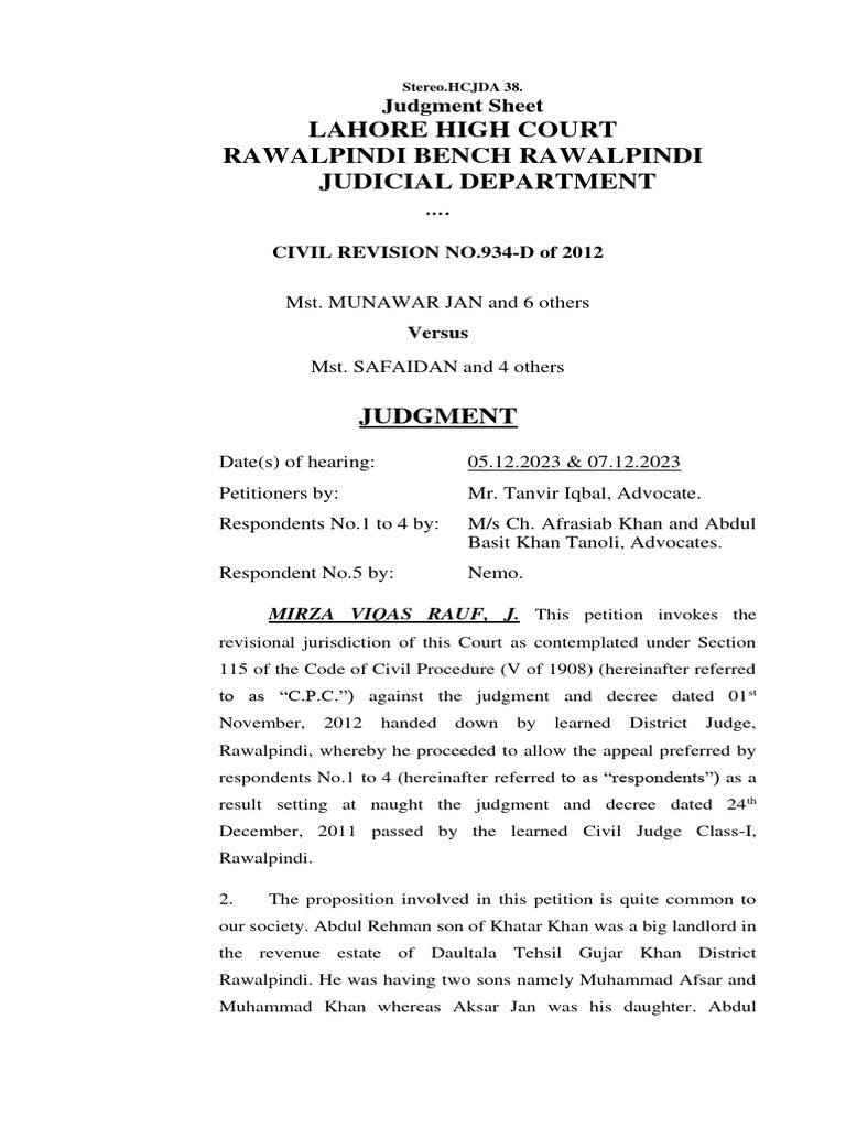 Lahore High Court Civil Revision 934-D | PDF | Lawsuit | Judgment (Law)