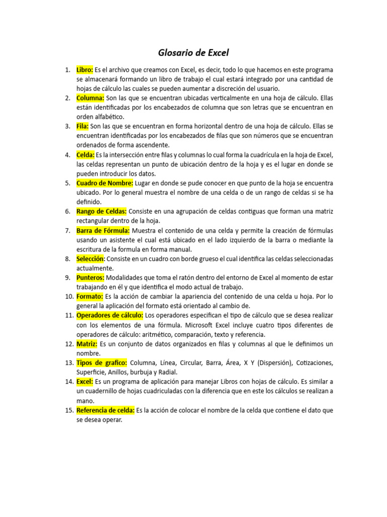 Glosario de Exce1 | PDF | Microsoft Excel | Hoja de cálculo