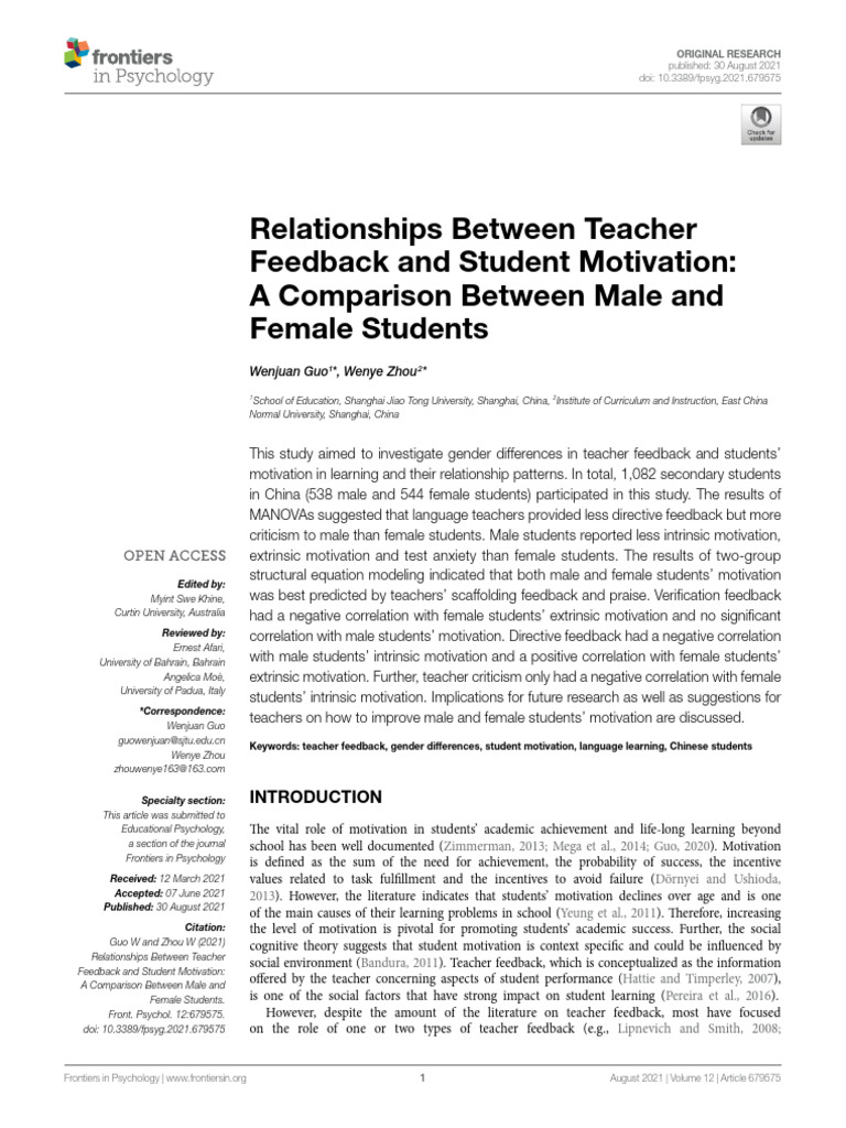 Relationships Between Teacher Feedback and Student | PDF | Motivational ...