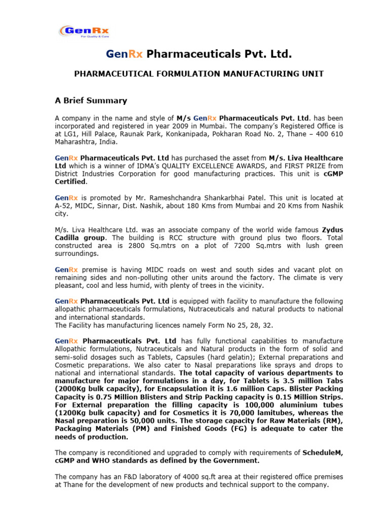 GenRx Pharmaceuticals Overview | PDF | Tablet (Pharmacy) | Quality ...