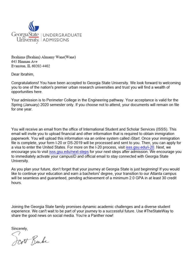 GSU Acceptance Letter for Ibrahim Wane | PDF
