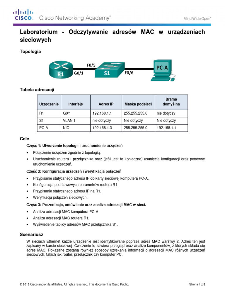 Lab08 - 01. Odczytywanie Adresów MAC W Urządzeniach Sieciowych | PDF