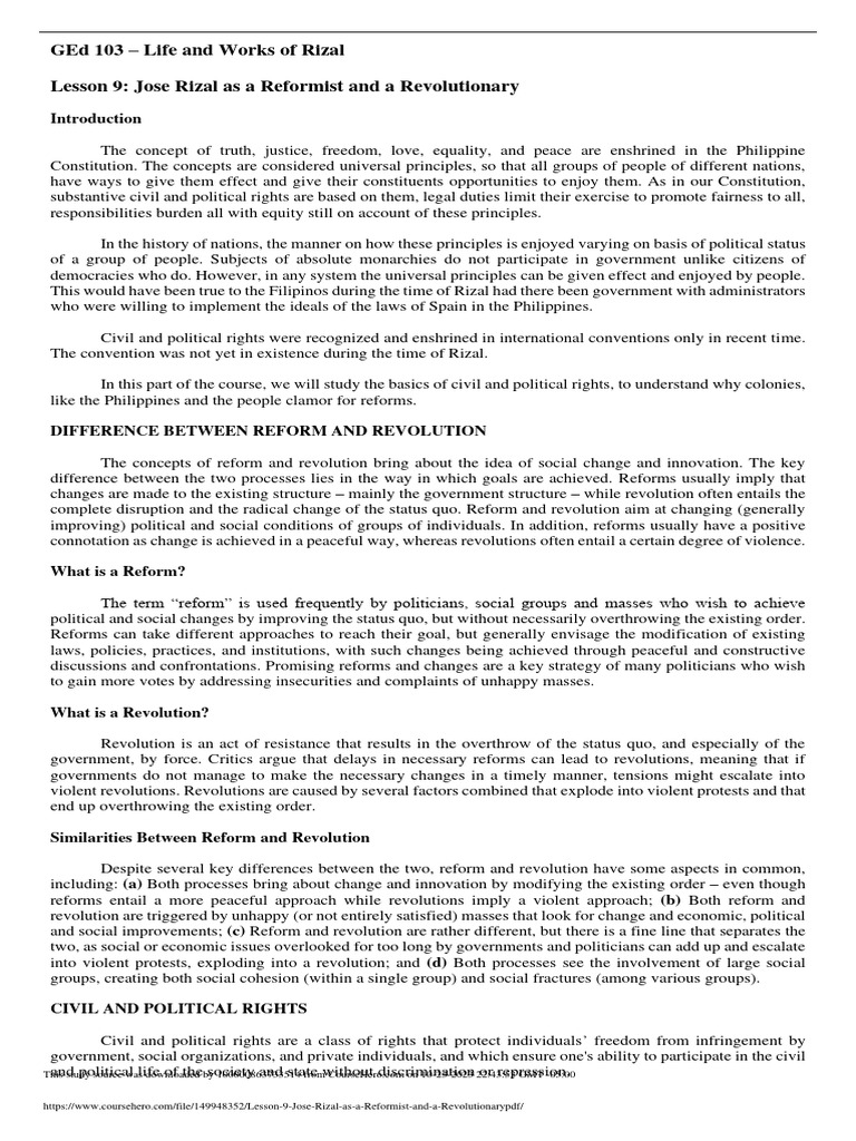 Rizal: Reformist or Revolutionary? | PDF | Civil And Political Rights ...
