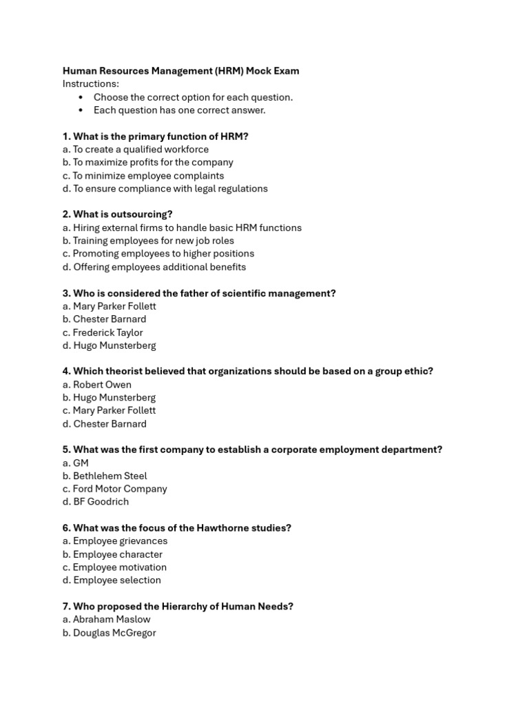 Humreman Mock Exam | PDF | Human Resource Management | Employment