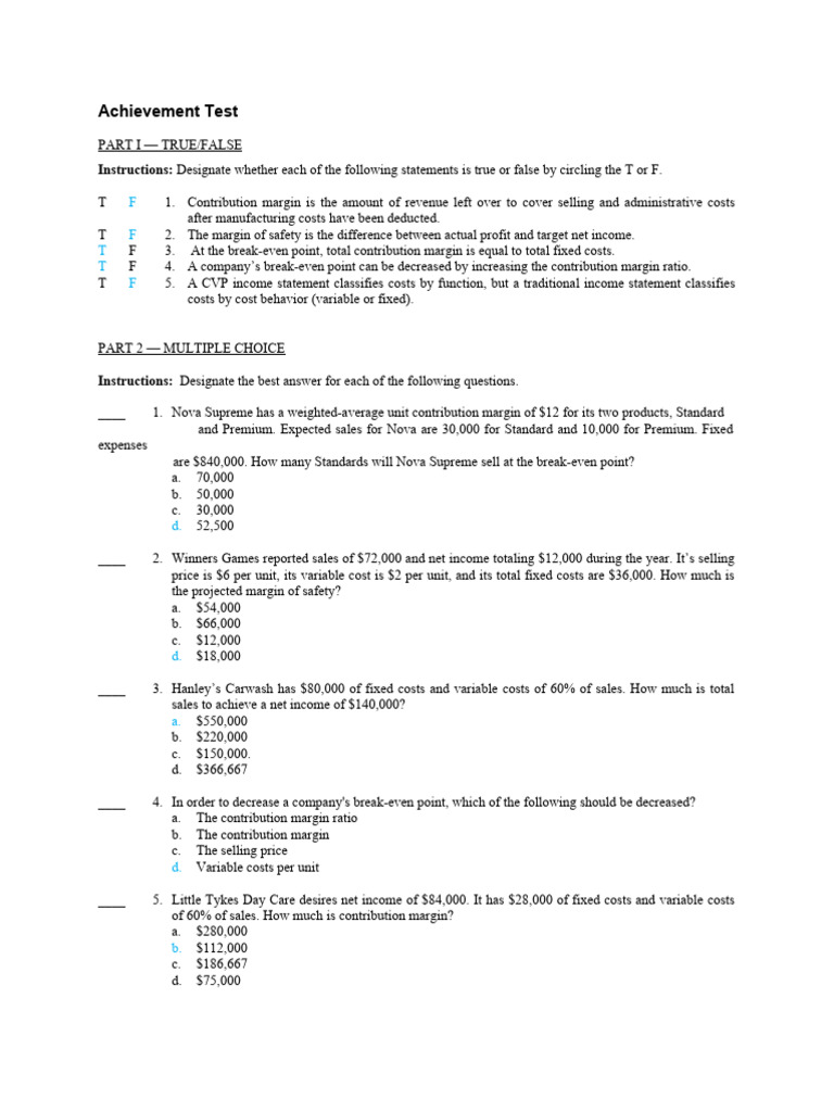 Achievement Test: CVP Analysis & Break-Even | PDF | Management ...