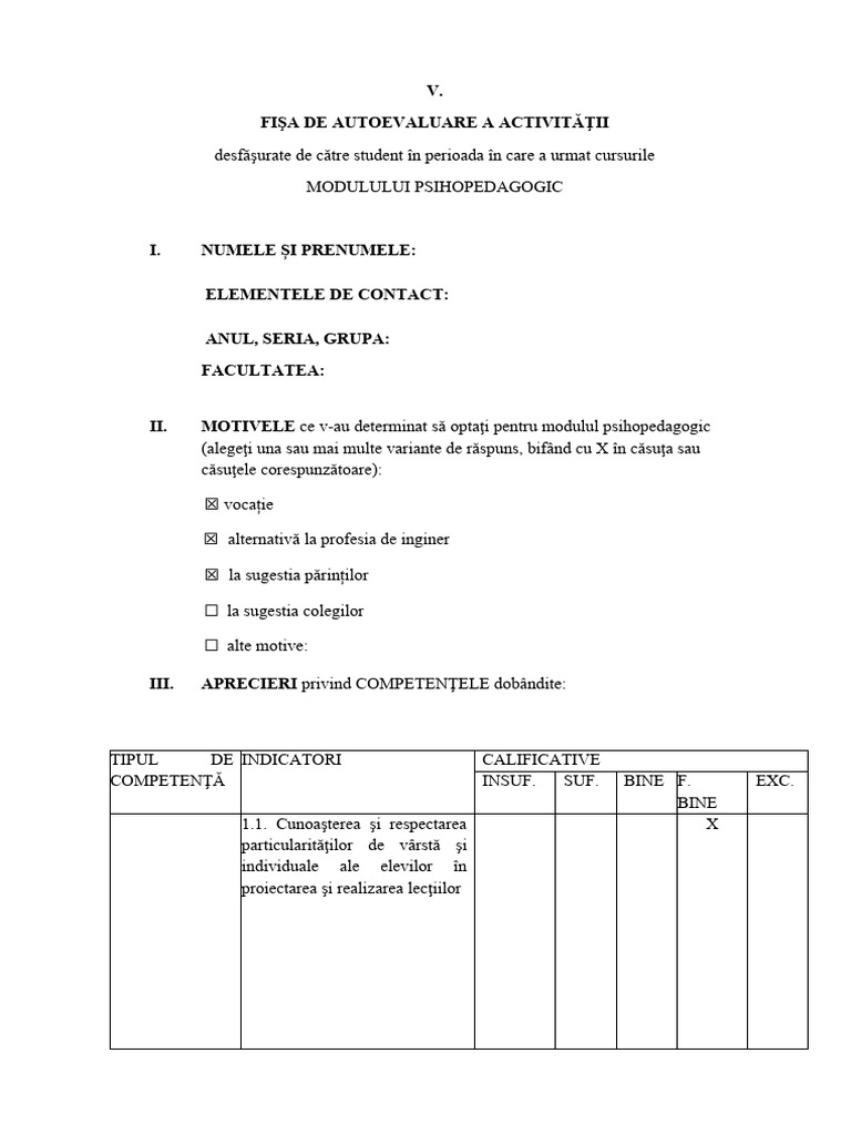 Fisa Autoevaluare Pedagogie | PDF