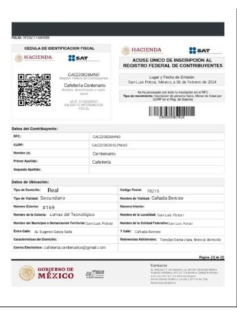 RFC, Cafetería Centenario | PDF