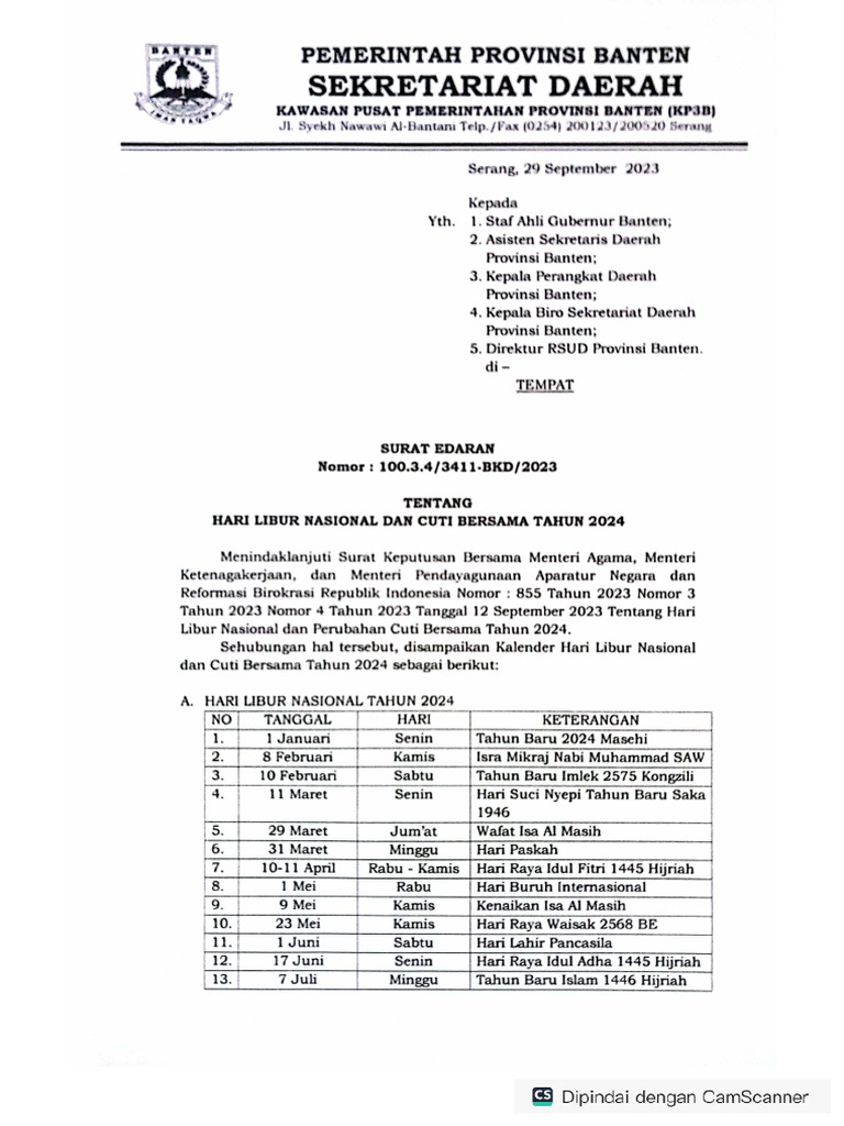 Surat Edaran Cuti Libur Nasional 2024 | PDF