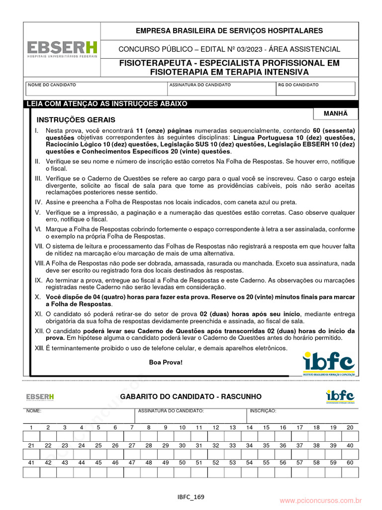 Prova EBSERH: Fisioterapia Intensiva | PDF | Propriedade intelectual ...