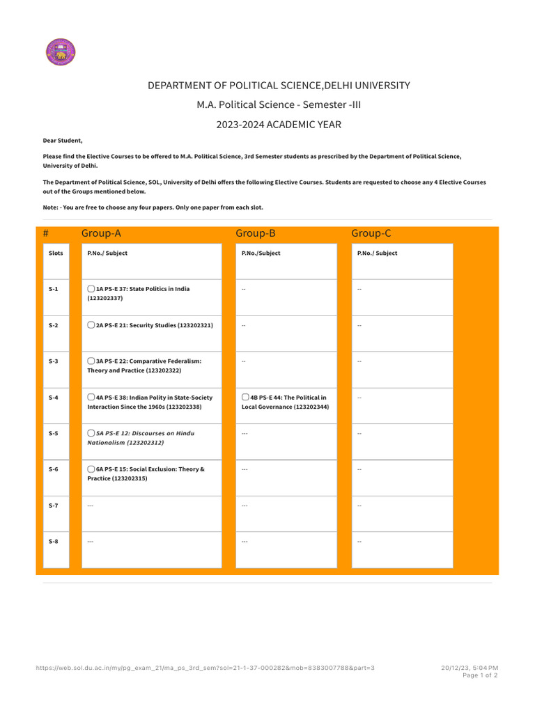 M.A. Political Science Electives 2023-24 | PDF | Political Science ...