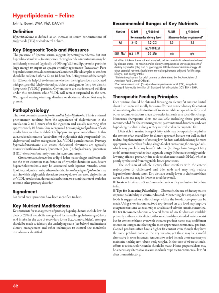 Feline Hyperlipidemia Management Guide | PDF | Hypercholesterolemia | Fat