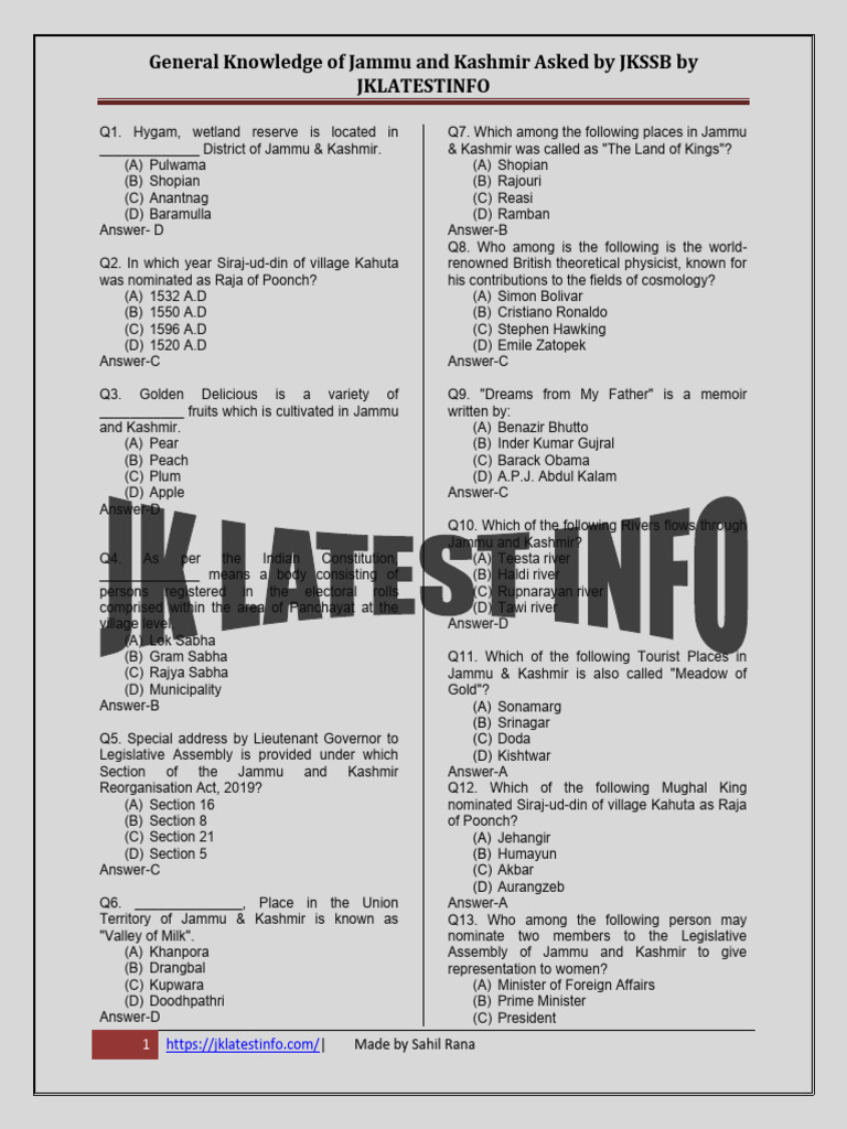 J&K General Knowledge Quiz Questions | PDF | Kashmir