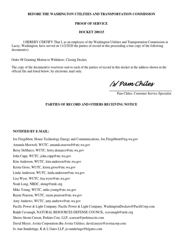 WUTC Docket 200115 Service Proof | PDF | Environment Of The United States