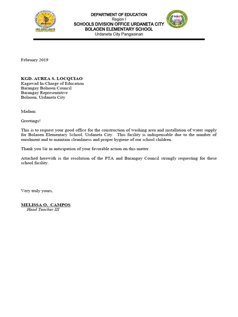 Barangay Resolution Request for School Facilities | PDF | Building ...