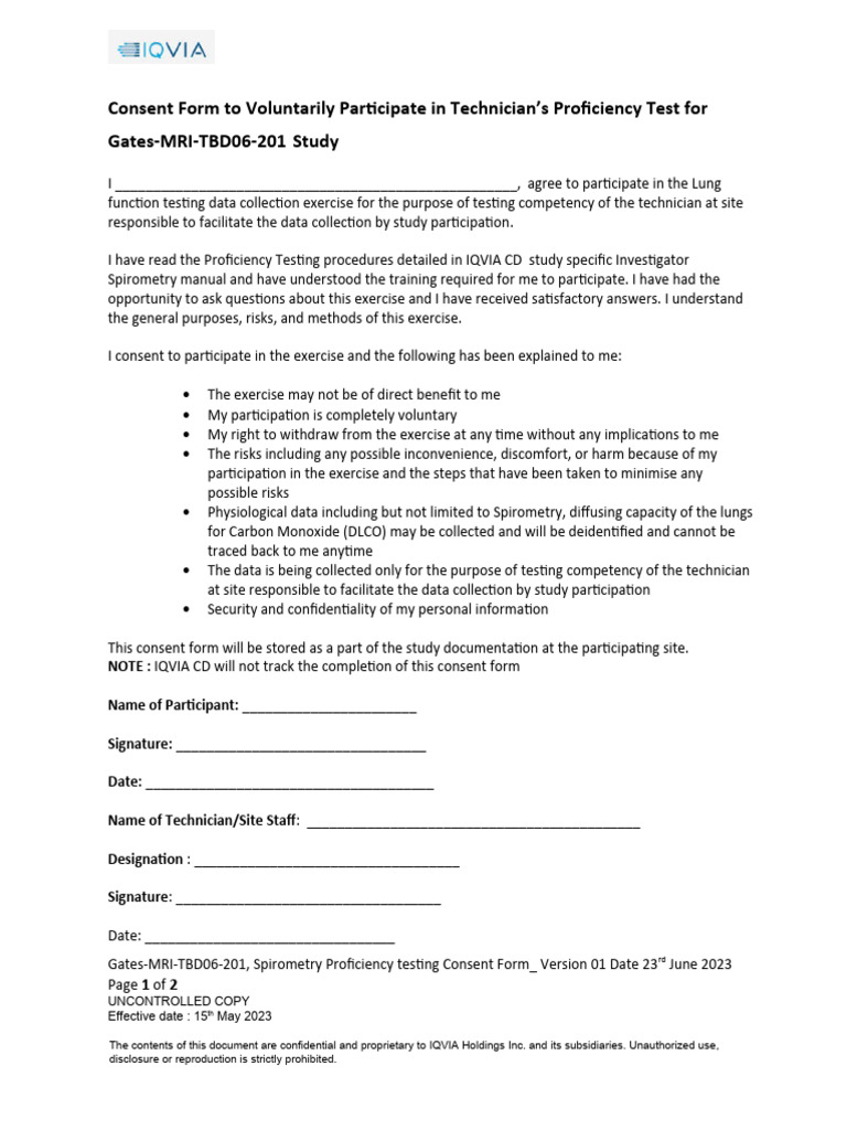Spirometry Proficiency Test Consent Form | PDF | Informed Consent