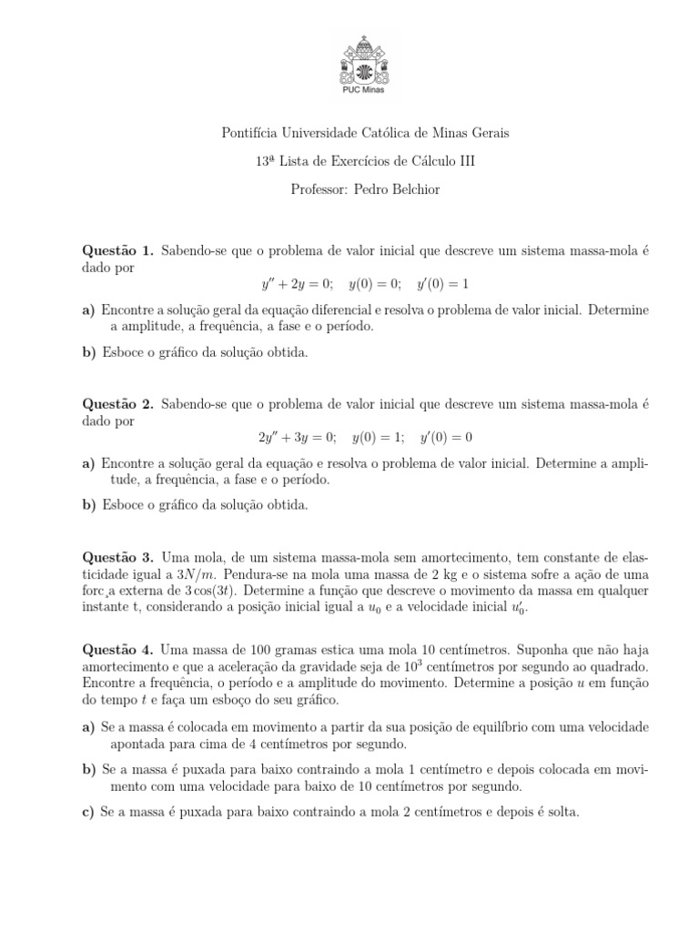 Exercícios de Cálculo III: Sistemas Massa-Mola | PDF | Massa | Metrologia