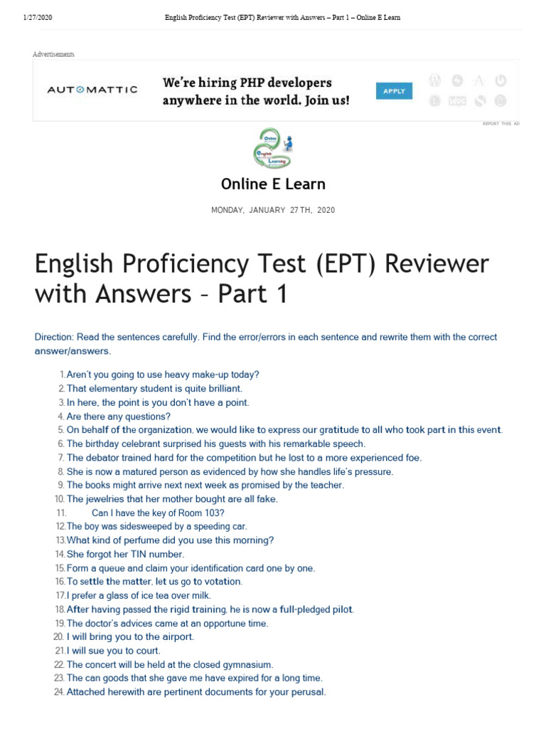 English Proficiency Test (EPT) Reviewer With Answers - Part 1 | PDF ...