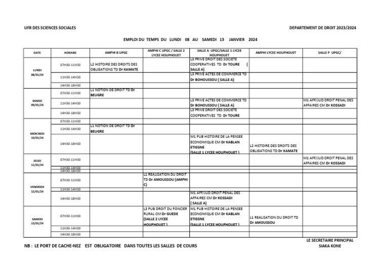 Emploi du temps Licence Droit 2024 | PDF