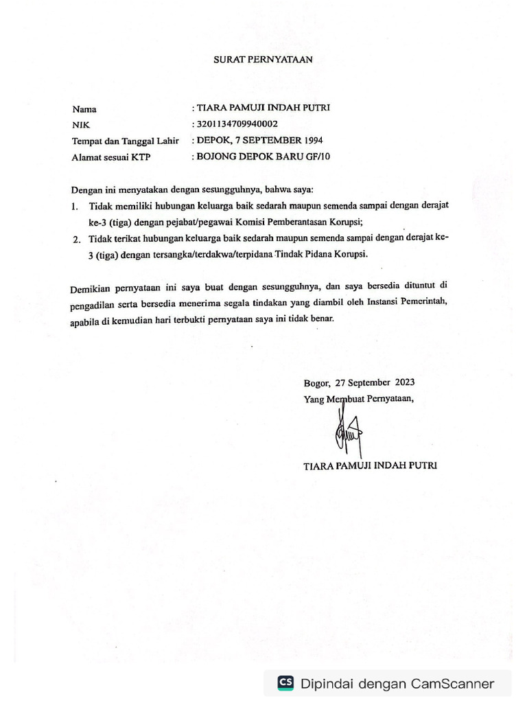Surat pernyataan tidak pdf