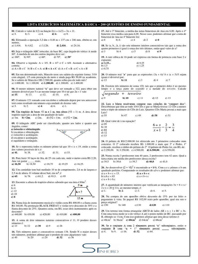 Lista de 200 Questões de Matemática Básica | PDF | Triângulo ...