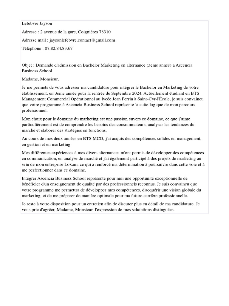 Candidature Bachelor Marketing Alternance | PDF