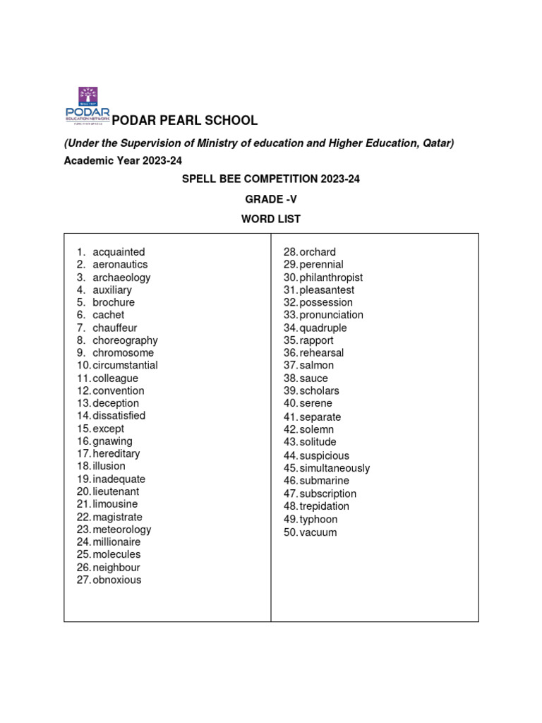 Spell bee grade 5 pdf
