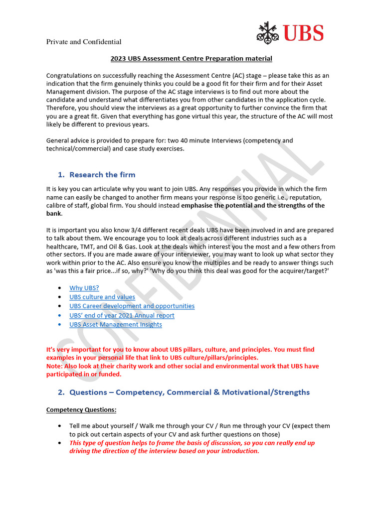 UBS Assessment Centre Preparation Guide | PDF | Ubs | Investment Management