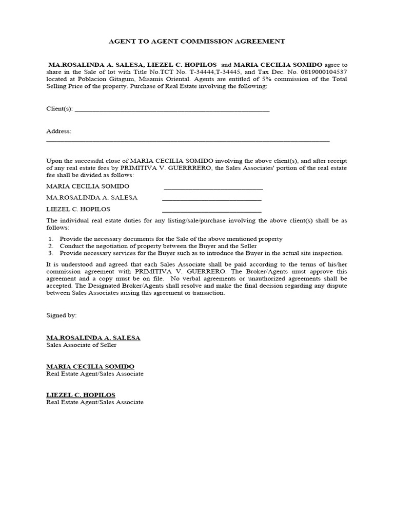 Agent Commission Agreement for Real Estate | PDF