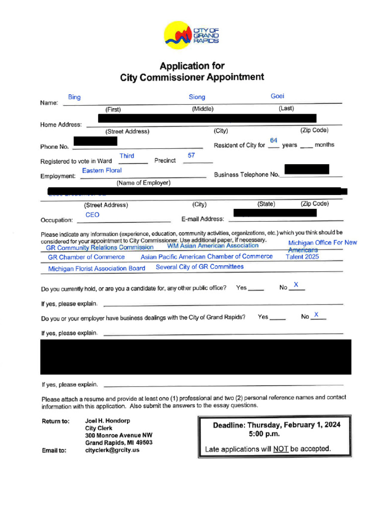 Bing Goei Third Ward Commissioner Application | PDF