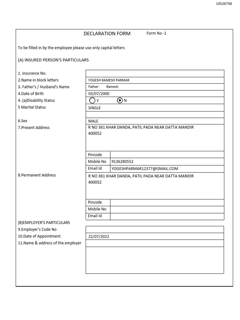 Declaration Form - Employees' State Insurance Corporation (ESIC) | PDF