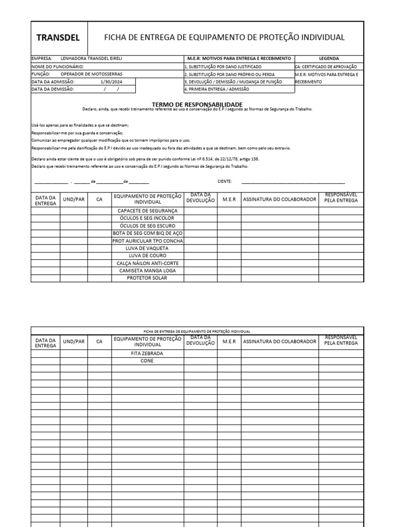Cópia de Ficha de EPI Transdel PREENCHIDA | PDF