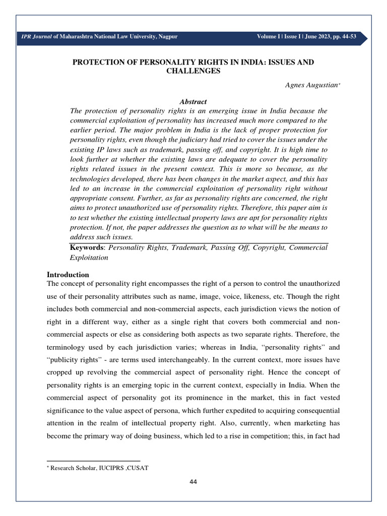 Personality Rights Protection in India | PDF | Trademark | Intellectual ...