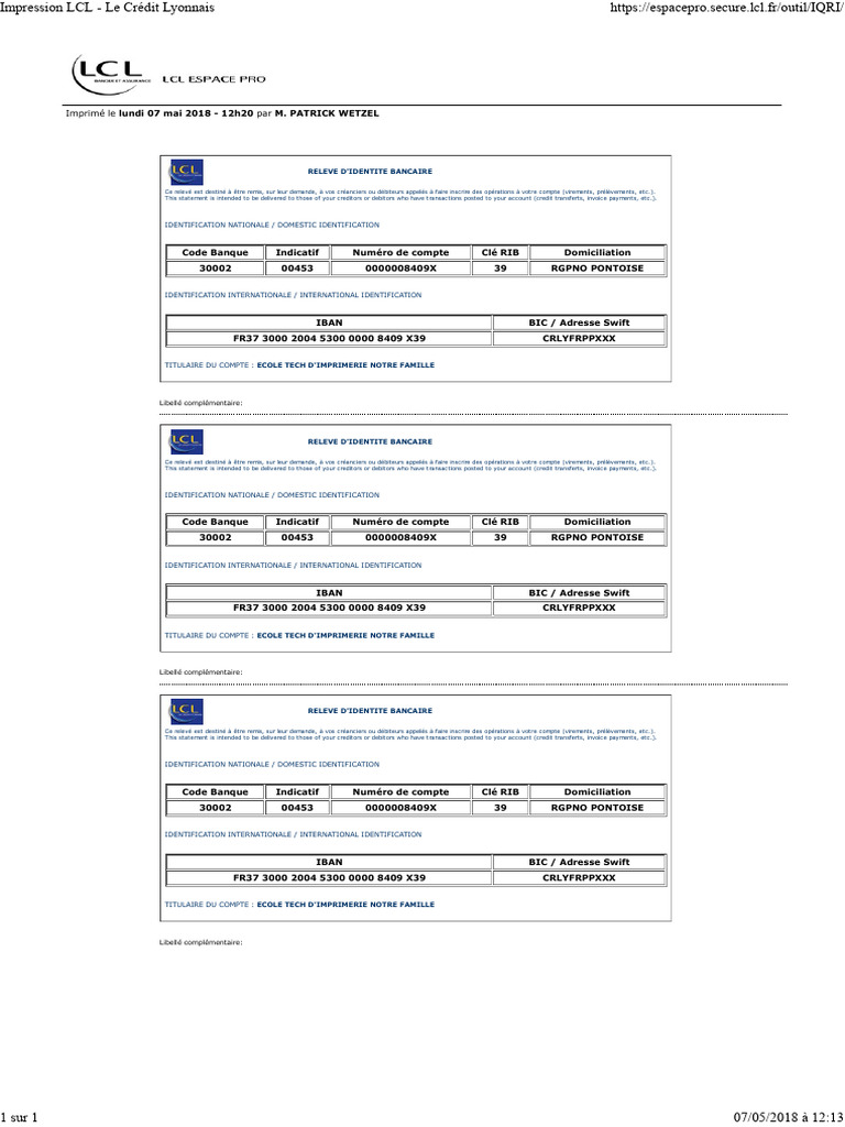 Relevé d'Identité Bancaire LCL | PDF | Sociétés de services financiers ...