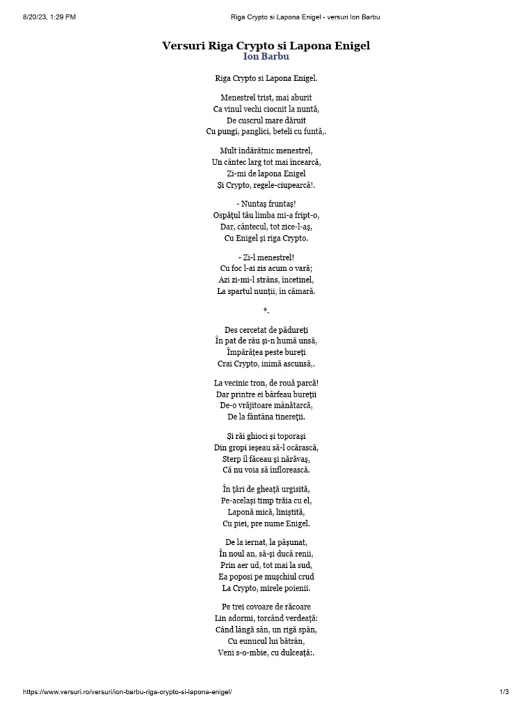 Riga Crypto Si Lapona Enigel - Versuri Ion Barbu | PDF