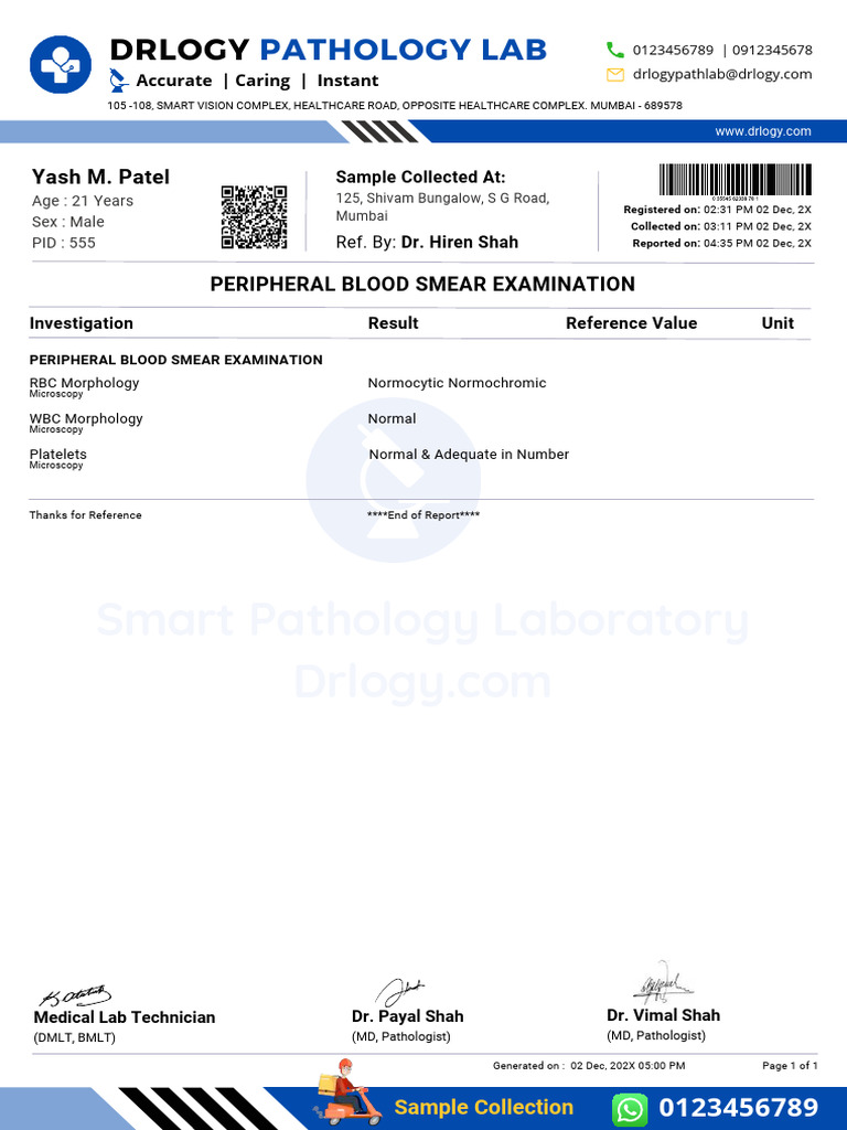 PERIPHERALBLOODSMEAREXAMINATIONtestreportformatexamplesample