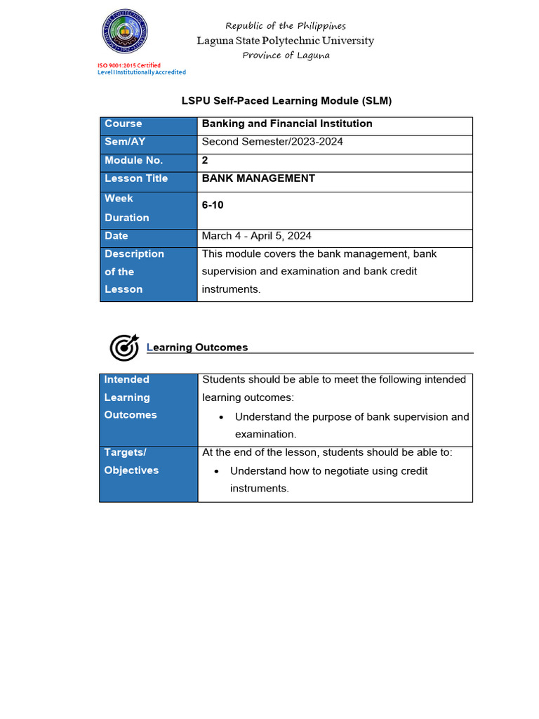 Bank Management Learning Module | PDF | Cheque | Negotiable Instrument