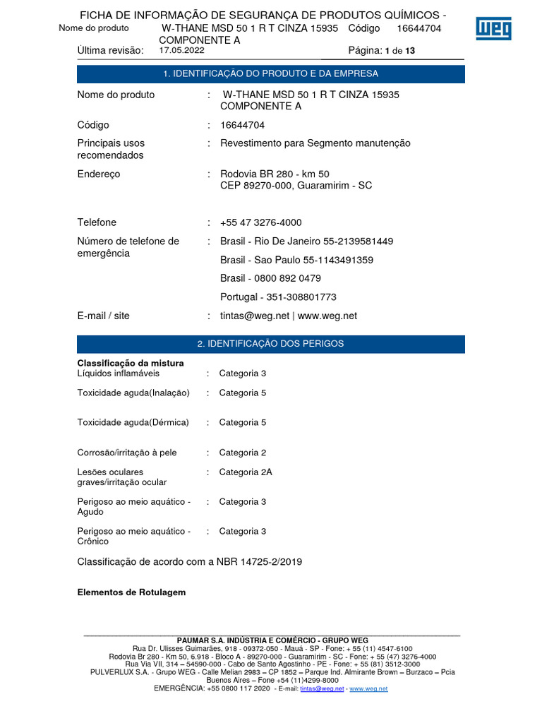 FISPQ W-THANE MSD 50: Segurança Química | PDF | Desperdício | Aterro