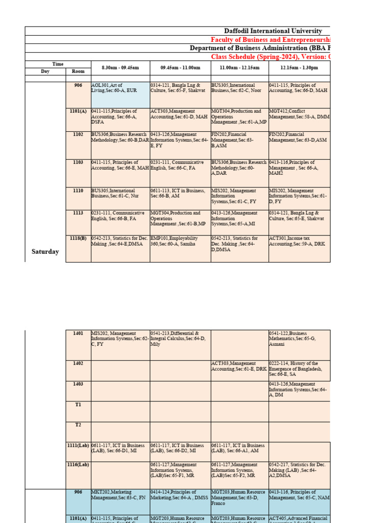 Revised Class Schedule- BBA Program (Spring-2024) | PDF | Business
