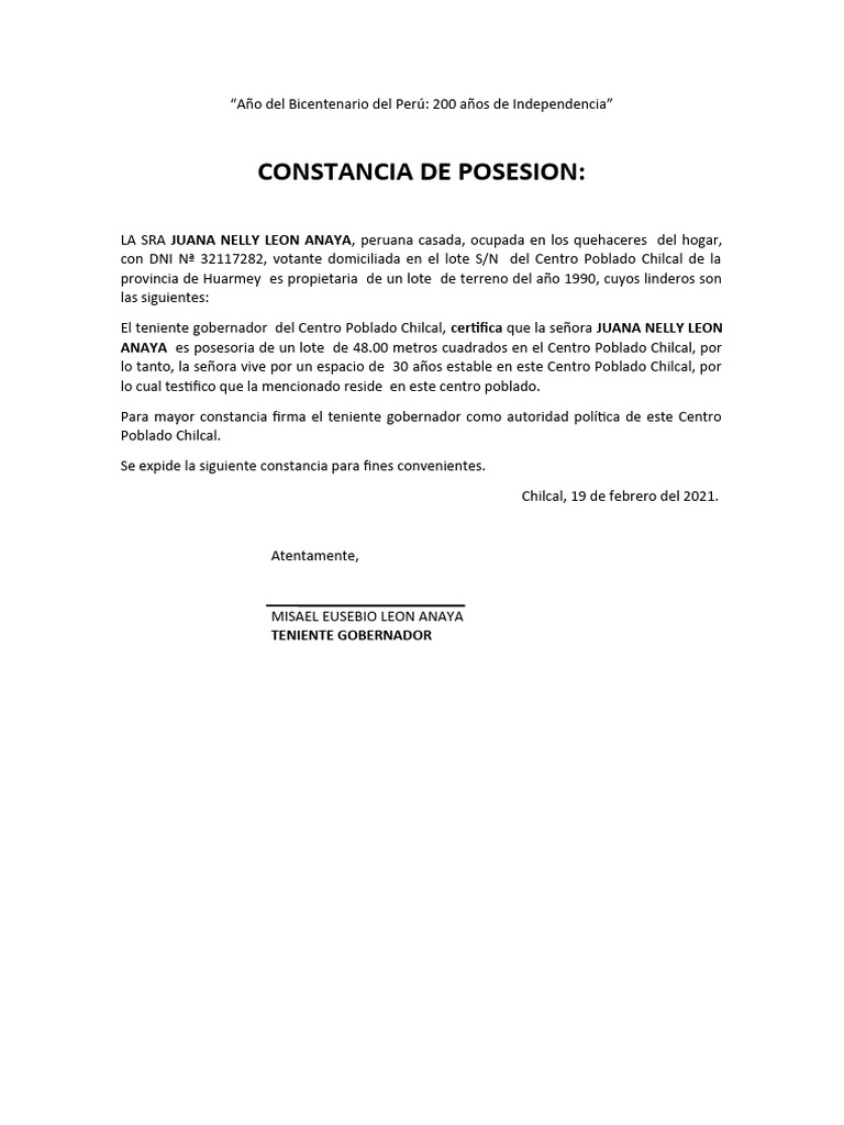 Constancia de Posesion Expedida Del Teniente Gobernador | PDF