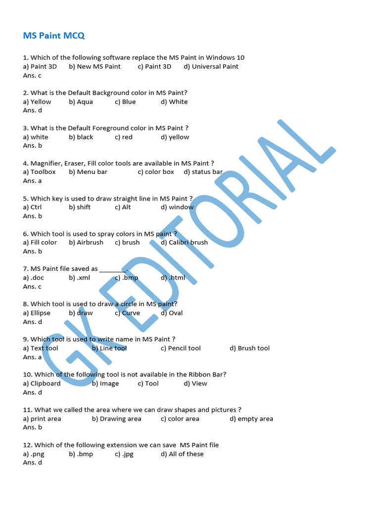 MS Paint MCQ Questions and Answers | PDF | Computing Platforms | Software