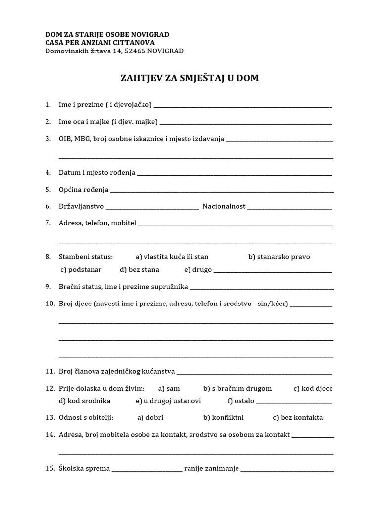 Zahtjev Za Smjestaj U Dom 2 | PDF