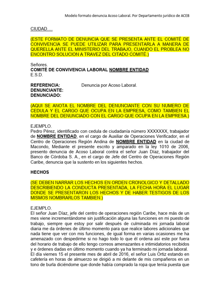 Modelo de Denuncia por Acoso Laboral | PDF