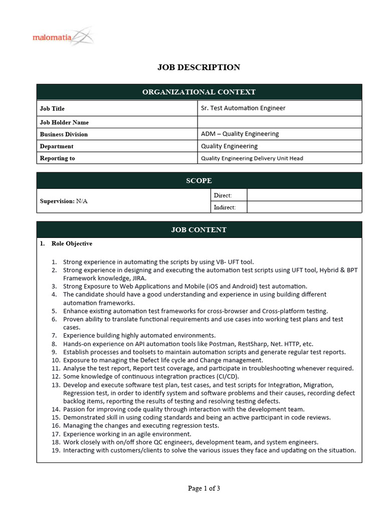 SENIOR TEST AUTOMATION ENGINEER JOB DESCRIPTION intelligence overview