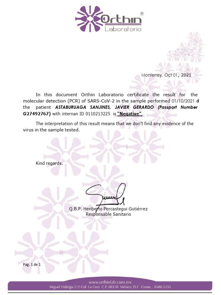 COVID Test Result for Javier Astaburuaga | PDF