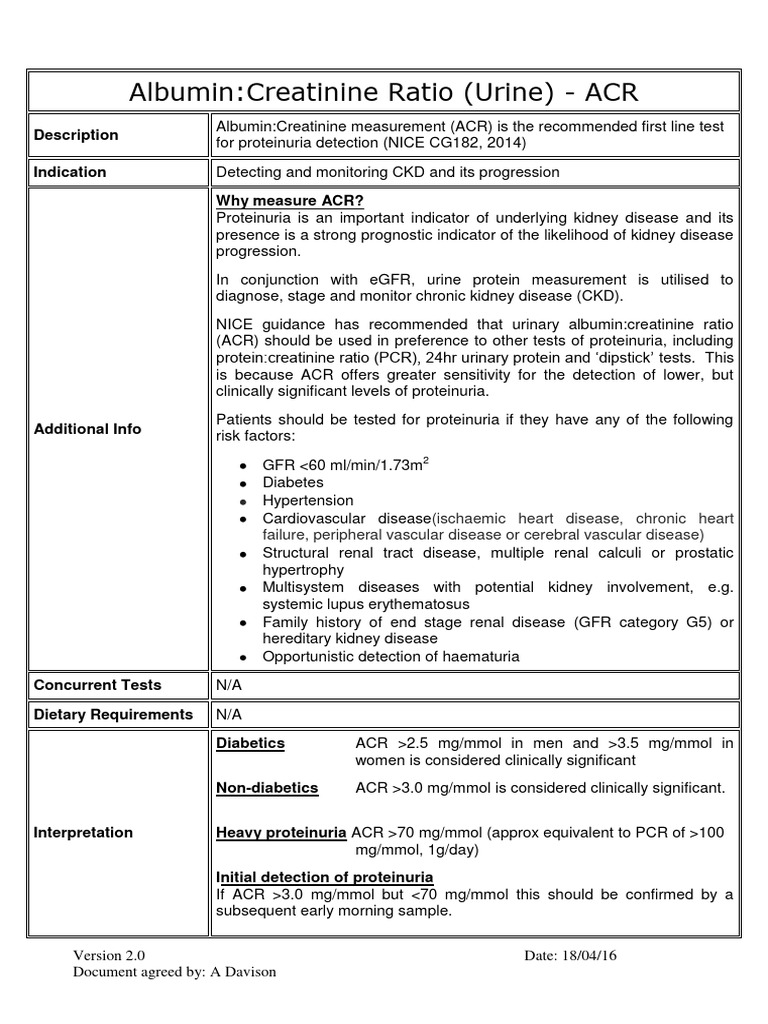 Albumin Creatinine Ratio Urine Acr Description Indication Why